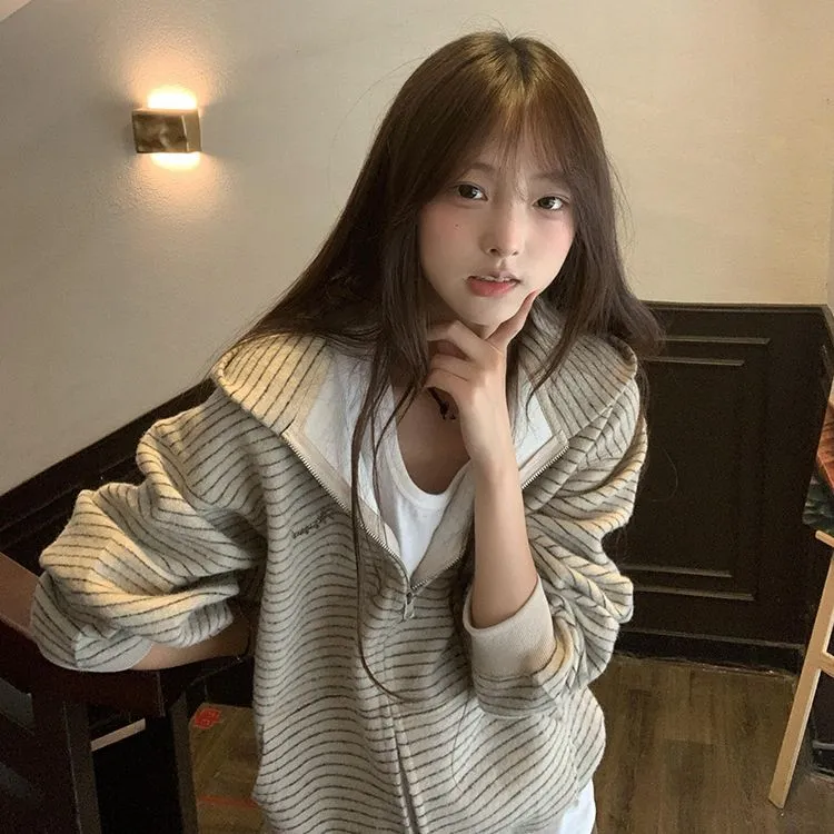 刺绣卫衣女秋季新款日系慵懒风条纹拼色设计感百搭开衫连帽外套潮