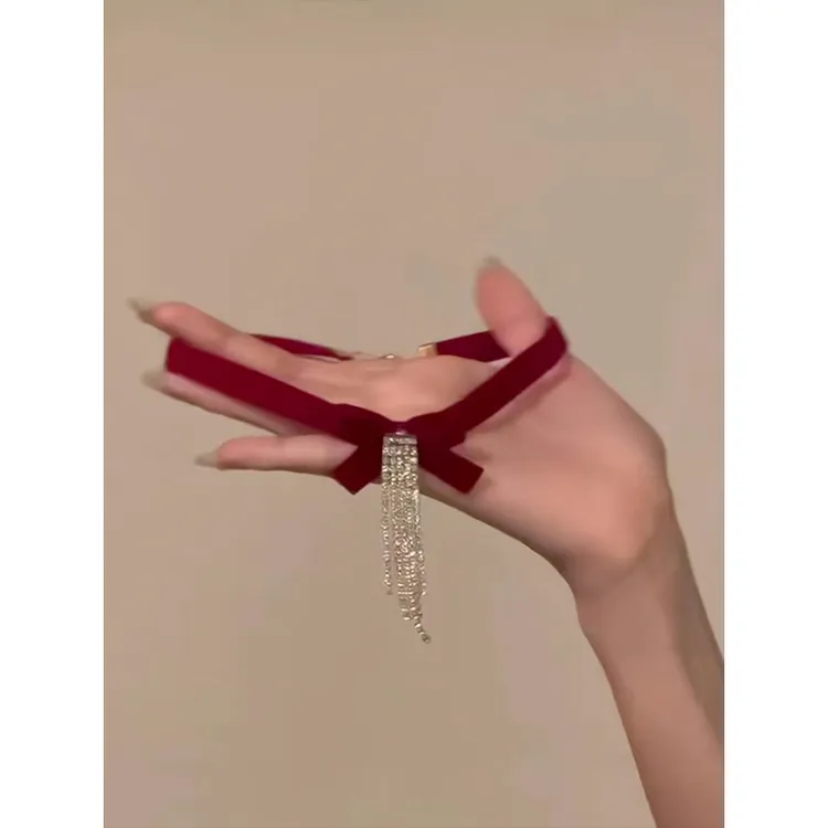 合金项链 闪钻红色丝绒蝴蝶结choker颈链女轻奢项链新娘配饰