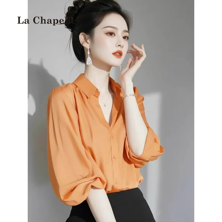 拉夏贝尔法式翻领橙色长袖衬衫女高级设计感夏季漂亮小衫绝美上衣