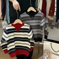 儿童秋冬加厚条纹针织毛衣2025新款韩版百搭男童潮流圆领套头毛衣