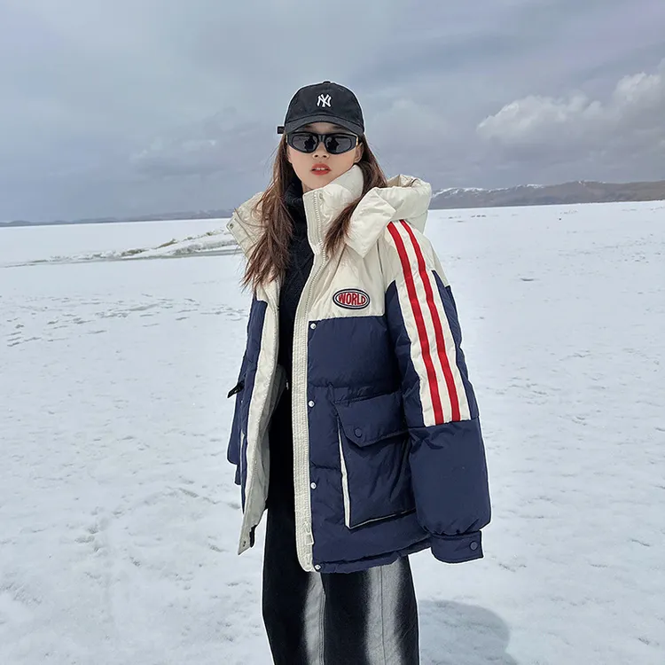 2025冬季新款撞色时尚保暖棉服女宽松百搭加厚两条杠棉衣女外套