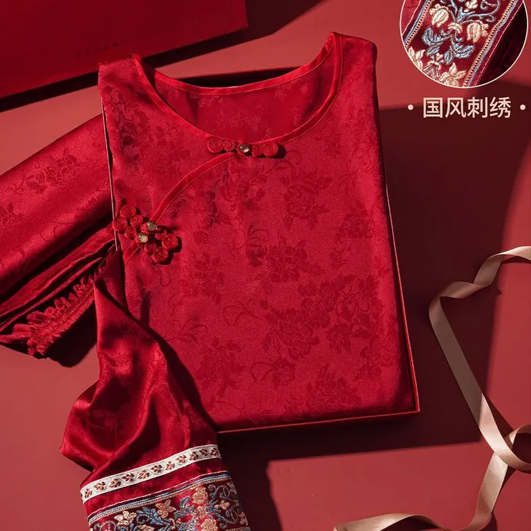 刺绣红色新中式国风睡衣女长袖春夏季薄款冰雪丝高级感家居服套装