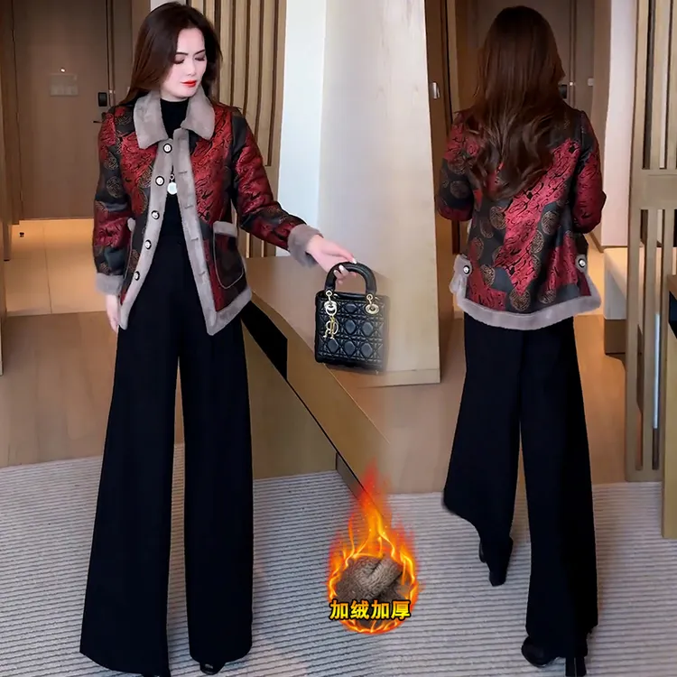 加绒加厚国风印花毛呢外套女2024冬季洋气小个子加厚保暖呢子大衣