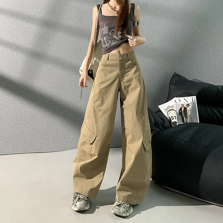 【美式咖色工装裤女】2025新款秋冬高腰宽松不贴腿阔腿弯刀休闲裤子