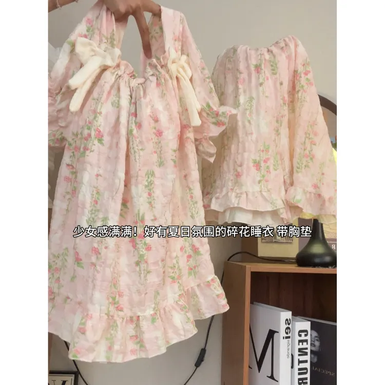 胸垫睡衣女夏季薄款短袖套装2025新款可爱外穿网红爆款家居服粉花