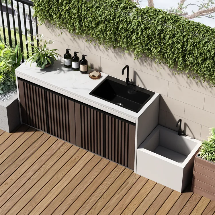 室外洗手池铝合金岩板储物柜一体柜庭院别墅花园防晒洗手台拖把池