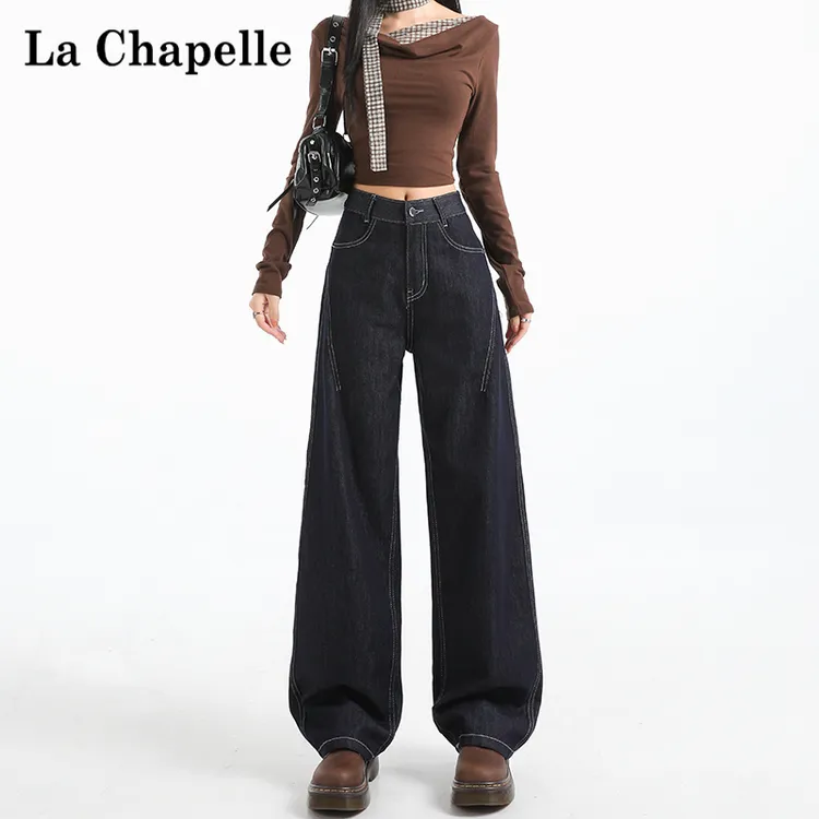 拉夏贝尔高腰牛仔弯刀裤女秋冬新款痞帅炸街风宽松显瘦百搭阔腿裤