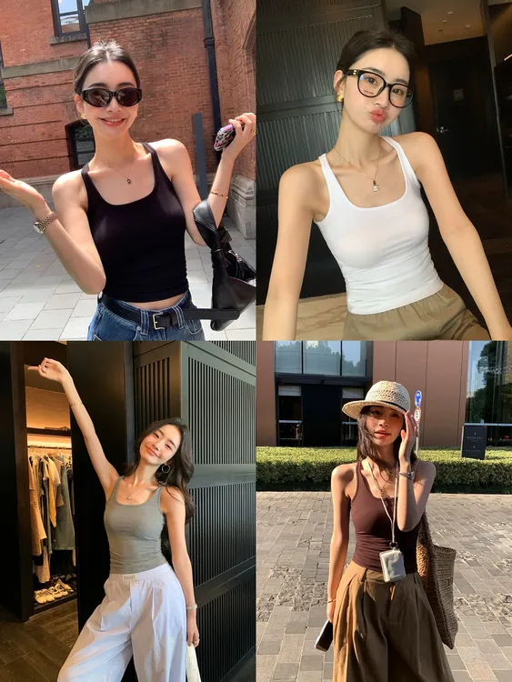 基础四色~方领吊带背心女弹力修身收腰气质无袖针织上衣