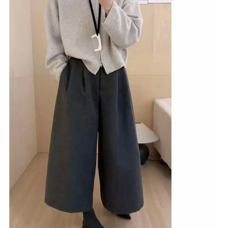 2025新款阔腿八分裤纯色厚款慵懒风拼接休闲裤女装秋季裤子显瘦