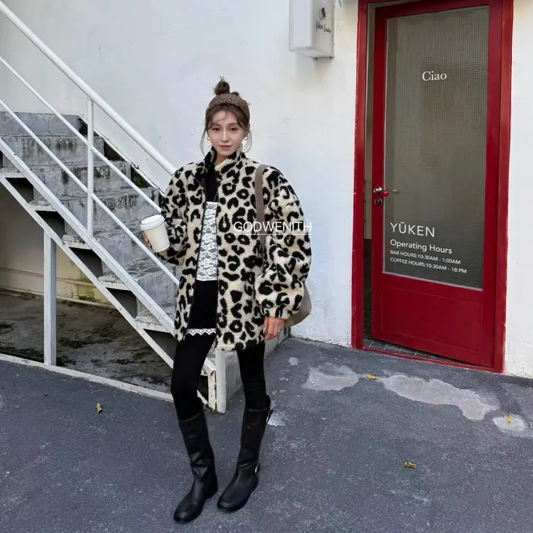 GOD正版财神家2025年冬季新款洋气夸张豹纹仿羊羔毛夹棉保暖外套