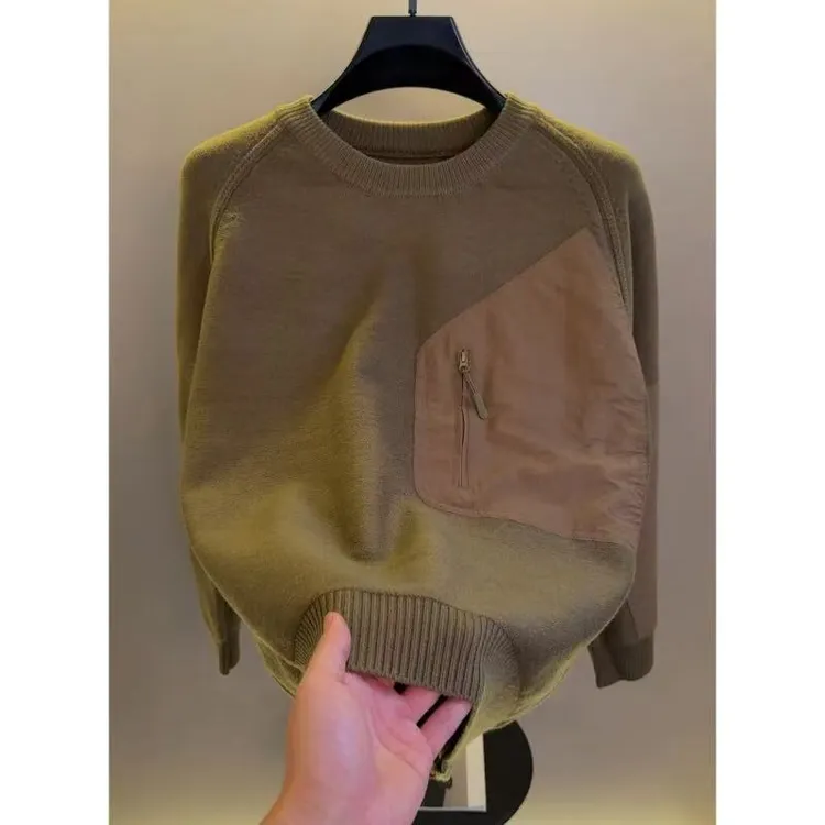 高档重工圆领拼接针织毛衣男士秋冬保暖时尚潮流打底衫男装7226