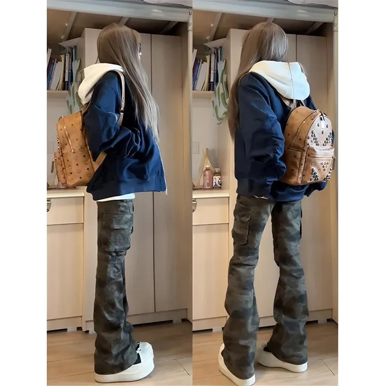 美式复古迷彩微喇工装裤男女款秋冬加绒裤子修身显瘦小个子牛仔裤