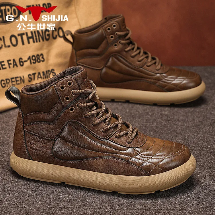 公牛世家冬季男士高帮休闲鞋圆头马丁靴保暖复古系带时尚耐磨潮鞋