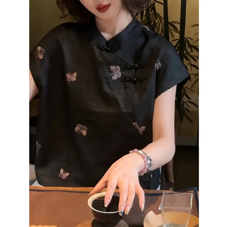 新中式国风刺绣盘扣衬衫女短袖2025夏季新款气质百搭薄款小衫上衣