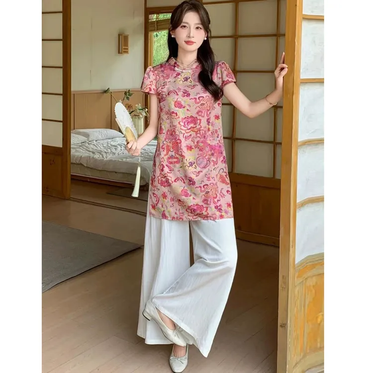套装 新中式国风旗袍上衣阔腿裤大码女装两件套新款时尚套装 997