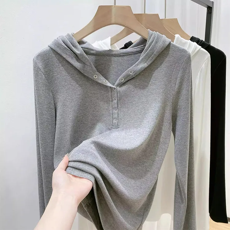 灰色连帽长袖T恤2025秋季新款洋气衣服女装百搭韩版显瘦上衣潮