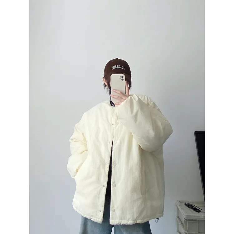 2025秋冬季棉衣气质米白色肌理感圆领面包服女宽松保暖棉服外套