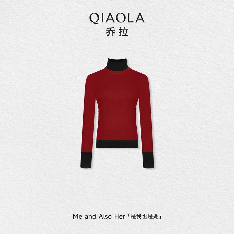 QIAOLA/乔拉【冬夜列车】秋冬羊毛假两件拼接撞色修身长袖打底衫