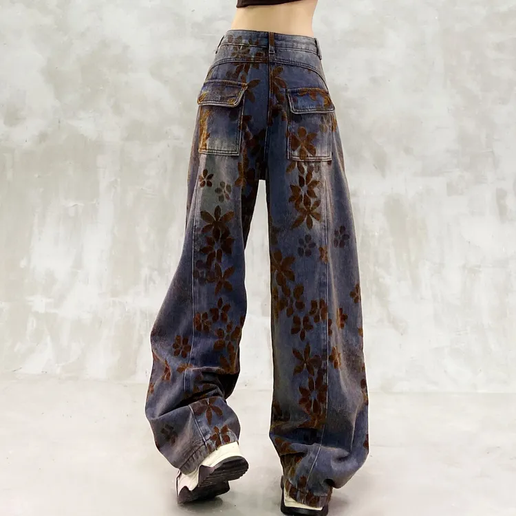 帅气提花面料口袋设计牛仔弯刀裤女冬新款高腰宽松显瘦百搭香蕉裤