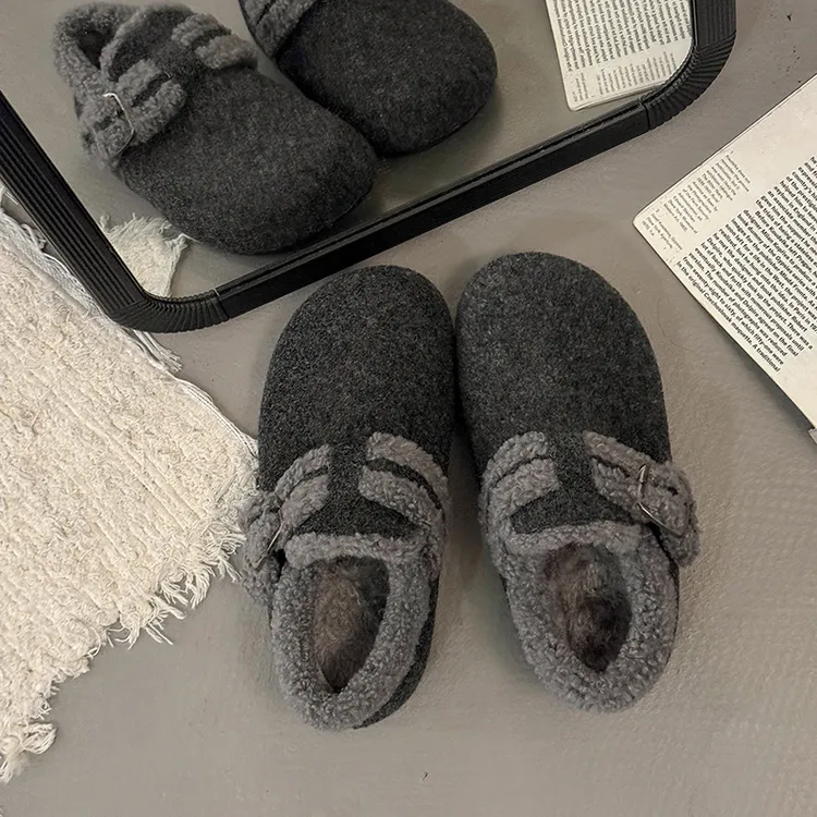 内增高灰色毛毛鞋女冬季外穿新款勃肯鞋女士厚底加绒棉鞋呢子单鞋