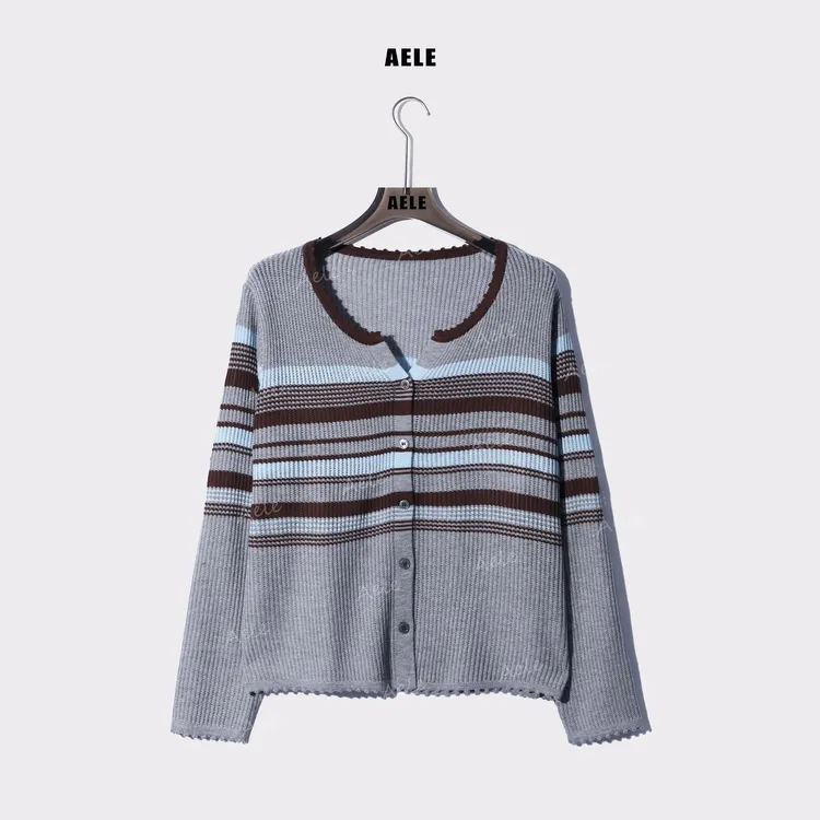 AELE【小狗牙边】撞色气质小V领条纹时尚长袖针织衫 X853 2666 AD