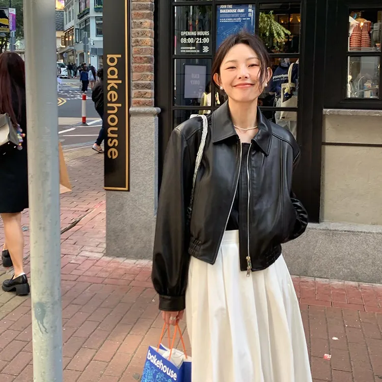 2025春秋新款黑色夹克短款拉链美式复古港风小个子爆款皮衣外套女