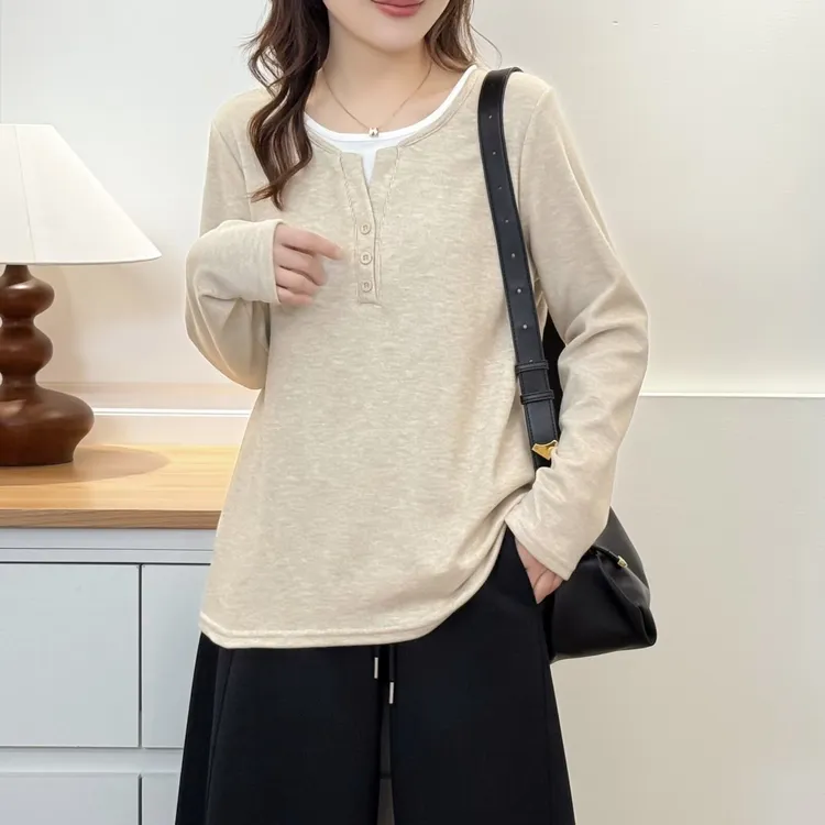 微胖大码女宽松型假两件休闲百搭显瘦正肩撞色女士加绒长袖T恤