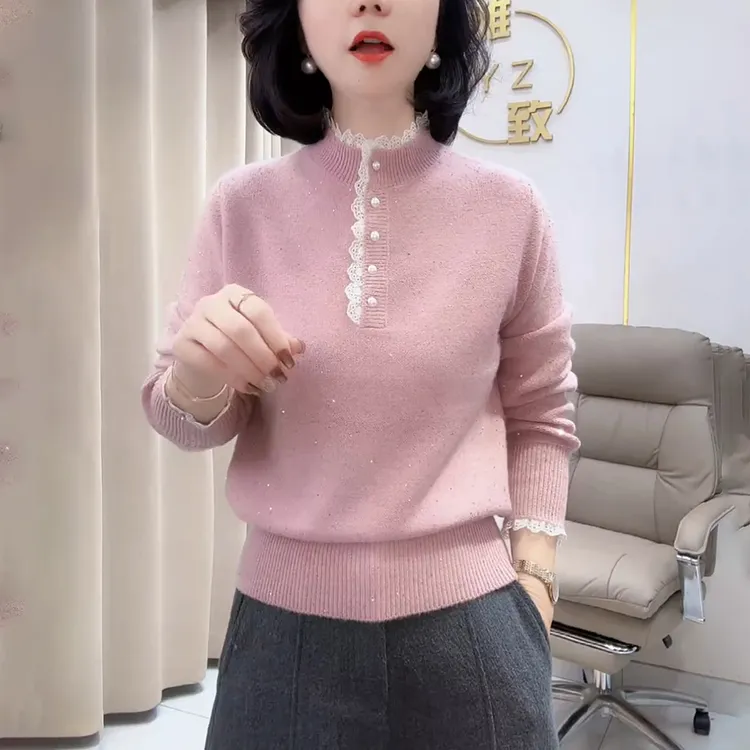 秋冬粉色蕾丝半高领针织衫女士时尚洋气减龄内搭亮片打底毛衣上衣