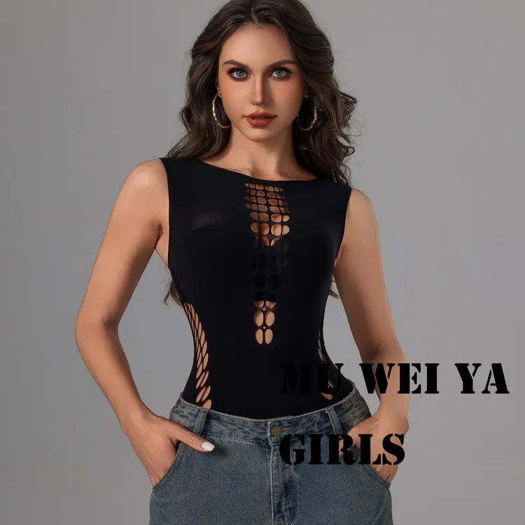 美式街头热卖镂空破洞无袖连体衣上衣外贸性感紧身显黑色连体背心