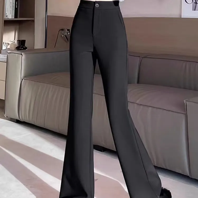 女士黑色西装微喇裤高腰显瘦垂感弹力休闲喇叭裤适合秋冬