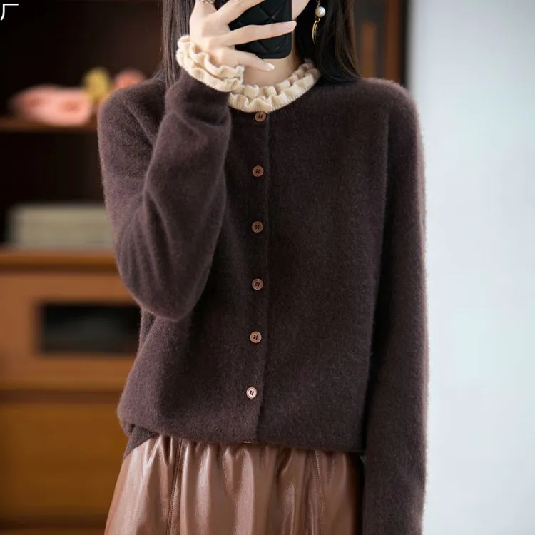 正品撤柜剪标羊毛衫花边假两件针织开衫秋秋季羊驼毛针织开衫外套