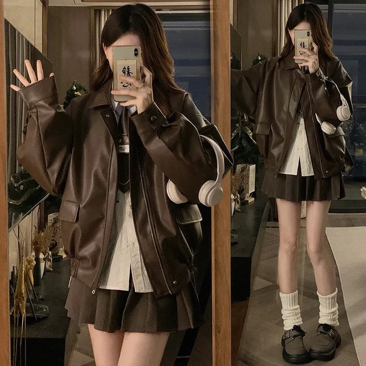 琥珀流光风穿搭韩系春秋皮衣短外套女2025新款情侣装棒球服夹克