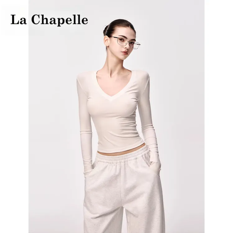 拉夏贝尔V领束身性感风凉感沙漏莱赛尔T恤运动长袖体恤辣妹上衣