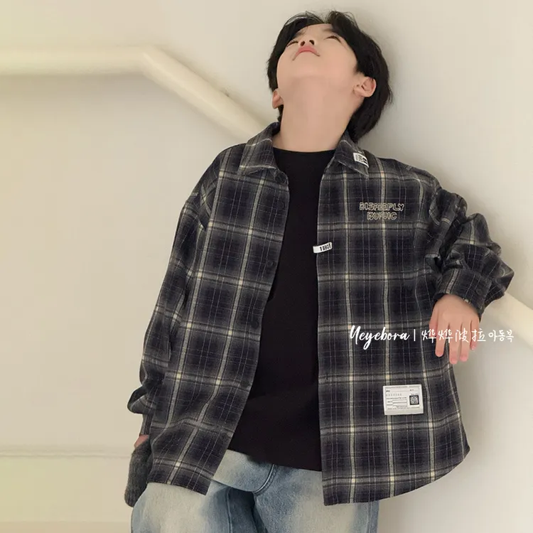 儿童装男童秋装衬衫春秋款2025新款中大童秋季格子帅气男孩衬衣潮