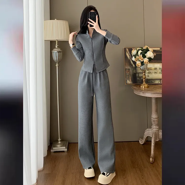 时尚潮流卫衣休闲套装女2025秋新款灰色长袖外套阔腿裤跑步两件套