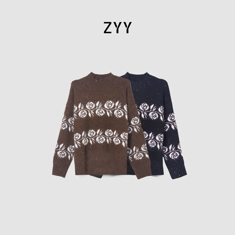 ZYY【灵境之吻】2025/S新款提花玫瑰半高领闪针织衫X25DMY05886