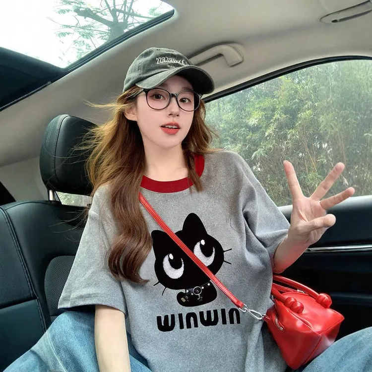 少女学院风纯棉撞色短袖t恤2025夏季新款宽松大码洋气减龄上衣女