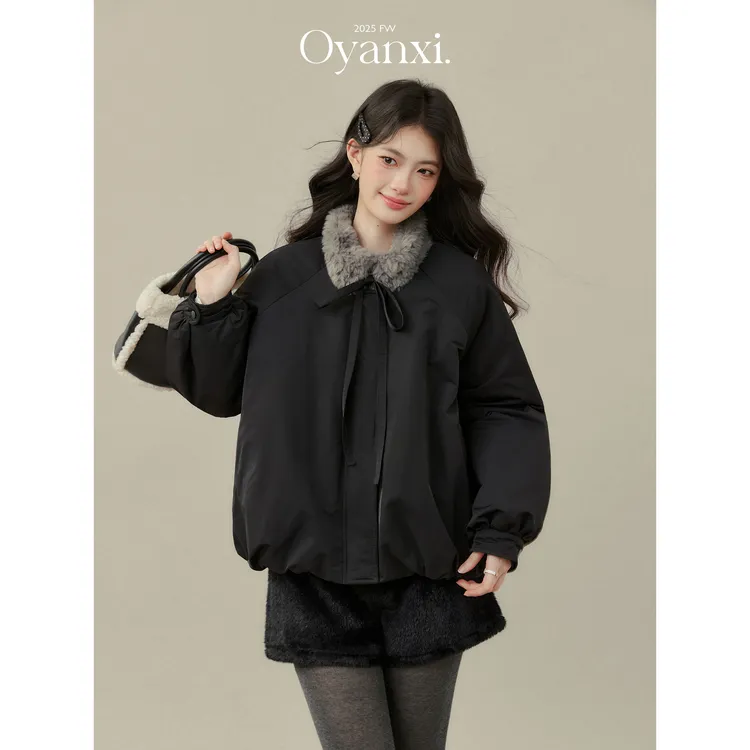 欧阳喜《暖绒午后》蝴蝶结毛毛领黑色棉服外套女冬季加厚保暖上衣