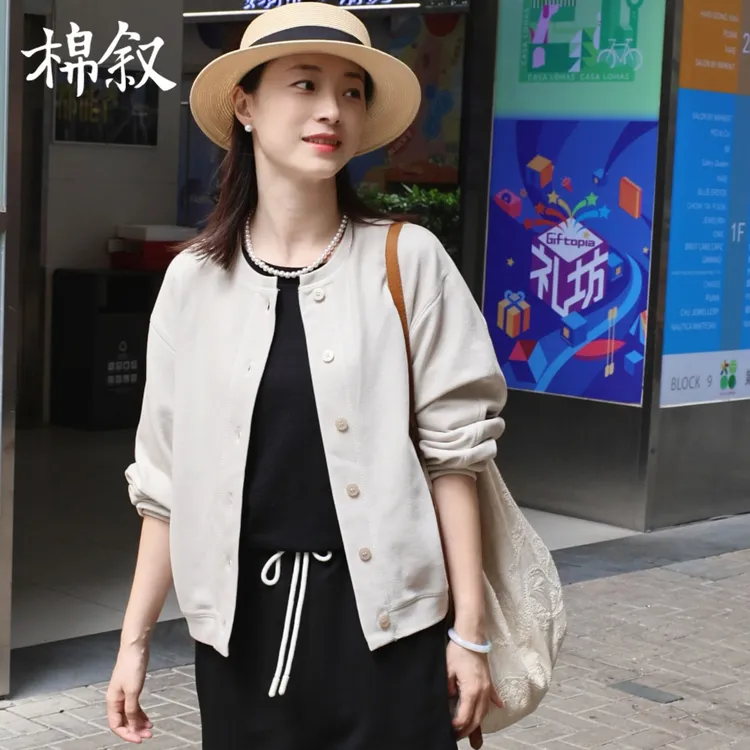 棉叙秋款三针五线棒球外套女士宽松休闲圆领长袖外套15966