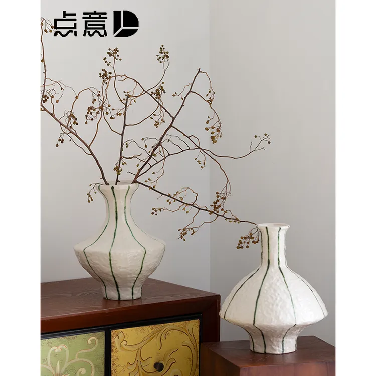 花瓶绿线条小口宽肚手工禅意侘寂复古白色家居艺术软装花器摆件