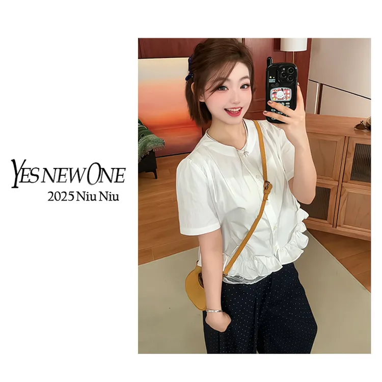 【雅典海岸】2025夏季新款简约休闲减龄荷叶边衬衫宽松百搭上衣女
