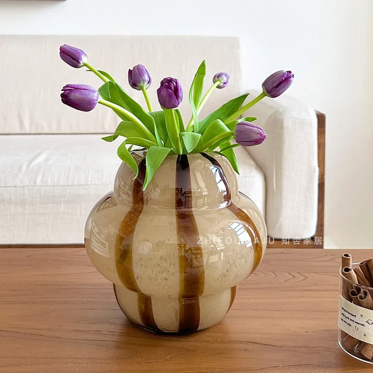 瑞典巧克力条纹花瓶芬顿胖乎乎花器时尚中古风艺术玻璃居家摆件