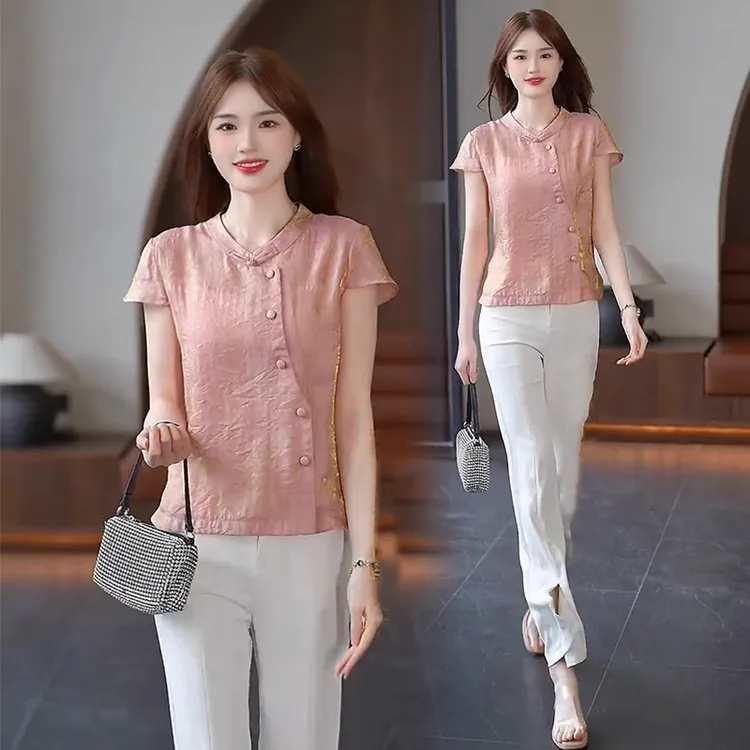 拉夏贝尔新中式国风时尚衬衫2025夏季新款小个子宽松盘扣气质上衣