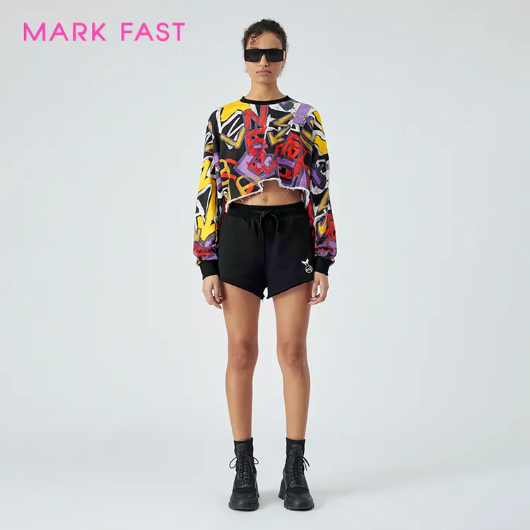 MARKFAST秀场同款设计师品牌涂鸦印花短款卫衣女秋M1DAW24100