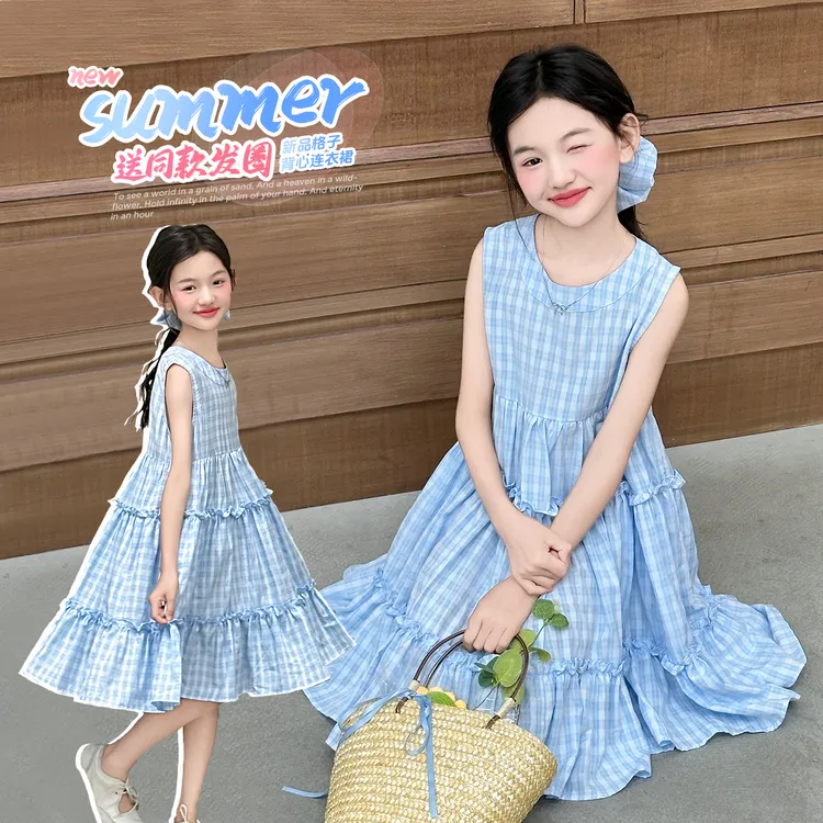 2025女童新款格子连衣裙夏季中大童小清新简约宽松舒适薄款洋气