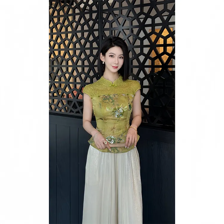 格娜【鎏柠时代】夏季蕾丝国风盘扣老钱风亮片刺绣显瘦优雅贵气衬衫