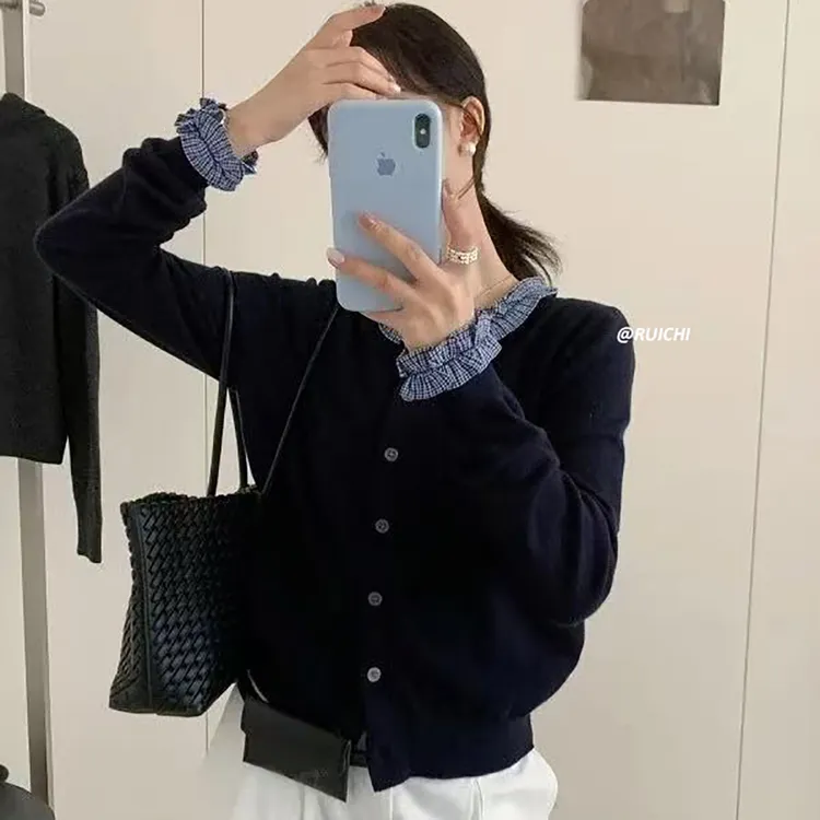 韩系2025秋季新款格纹拼接荷叶边圆领长袖修身显瘦针织开衫外套女