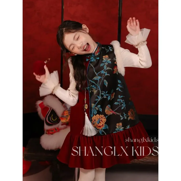 YeeHoO/英氏【断码】女童中国风冬裙儿童旗袍连衣裙秋冬季加绒202