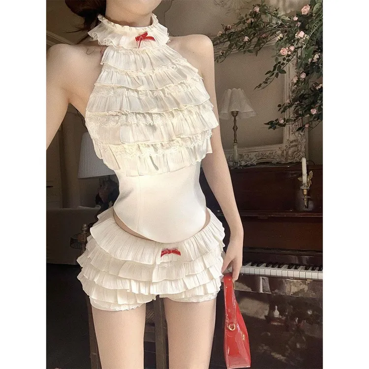 奶油序曲 米色层层蛋糕花边挂脖上衣+裙裤套装辣妹甜美温柔两件套