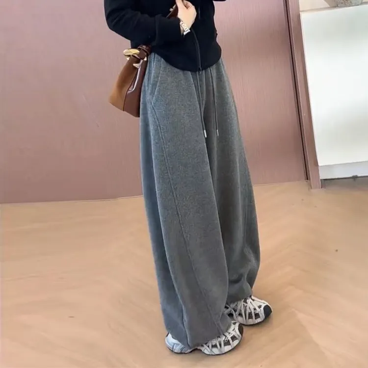 极简风拼接软糯羊尼加绒阔腿裤女秋冬显瘦加厚休闲裤宽松束脚卫裤